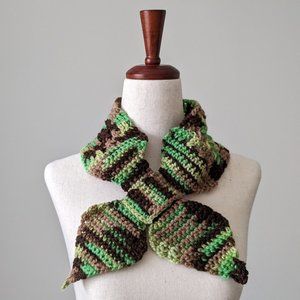 Handmade knit pull-through ascot bowtie neck scarf - greens, browns
